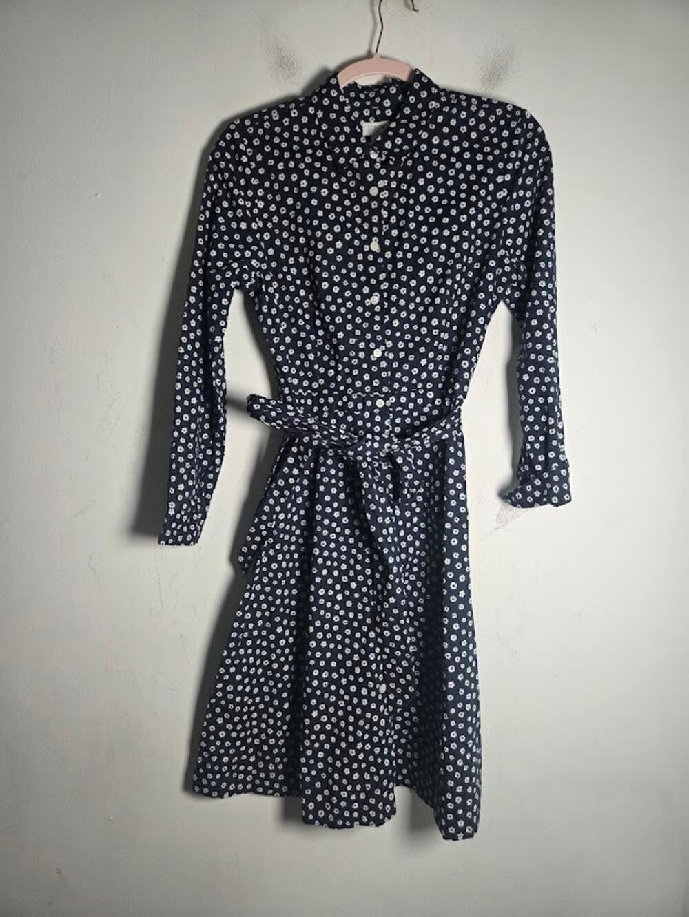 NWT J.Crew Navy Blue White Floral Poplin Cotton Tie Waist Shirt Midi Dress sz 6